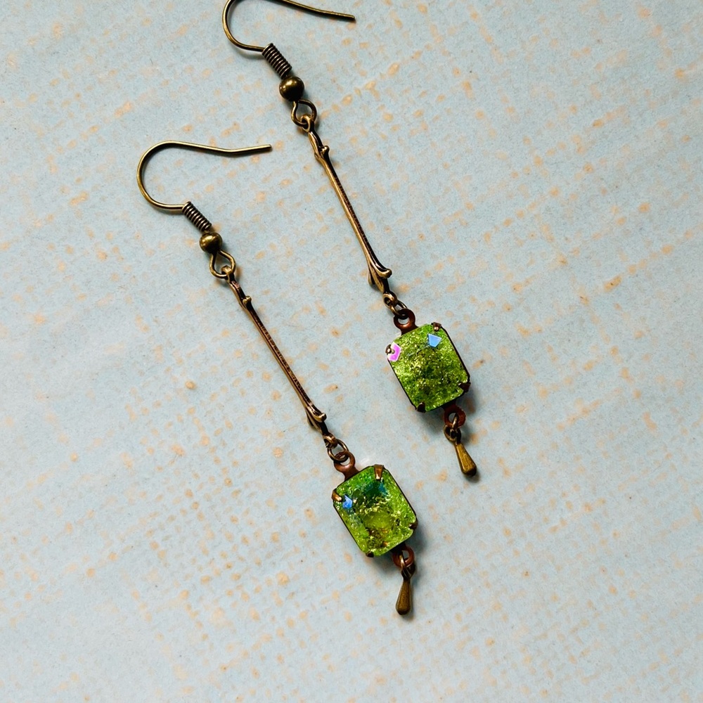 SOLD Peridot Green Crackle Glass Art Nouveau Earrings w a Glacier Blue Finish - Picture 13 of 15